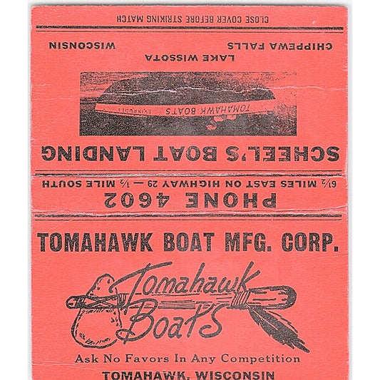 Tomahawk Boat Mfg Corp Scheels Boat Landing Lake Wissota Matchbook Cover TH2-Y2