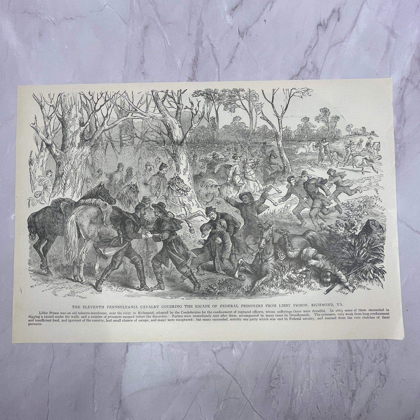 11th PA Cavalry Covering Libby Prison Escape Richmond VA 1890s Engraving V14-6