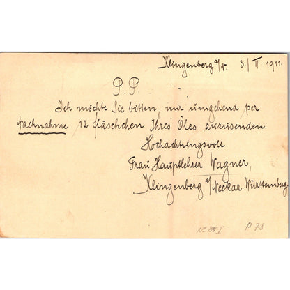 Wagner Klingenberg to Haarlem 1911 German Reich Postcard TE2-GRP