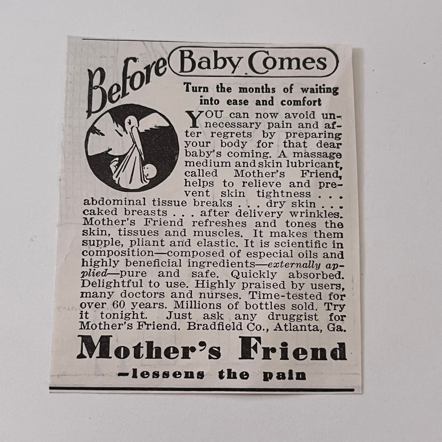 Mother's Friend Bradfield Co. Lessens the Pain Atlanta GA 1936 Ad SAG4-M4