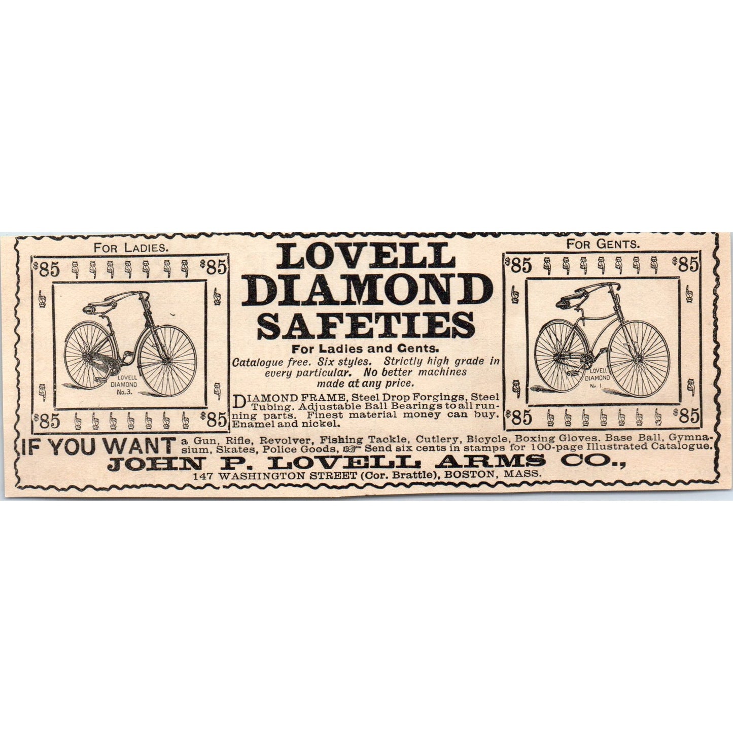 John P. Lovell Arms Co Diamond Safeties Bicycles Boston 1892 Magazine Ad AB6-SM1