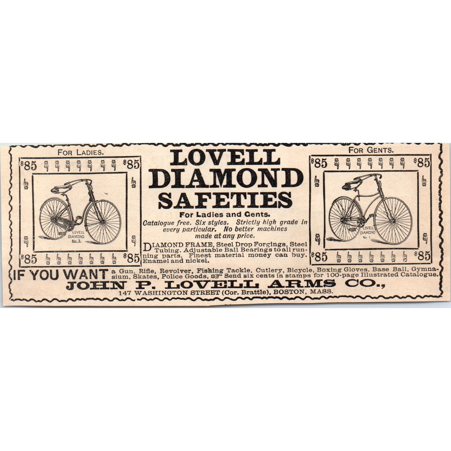 John P. Lovell Arms Co Diamond Safeties Bicycles Boston 1892 Magazine Ad AK6-H1