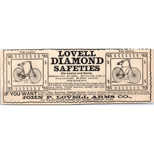 John P. Lovell Arms Co Diamond Safeties Bicycles Boston 1892 Magazine Ad AK6-H1