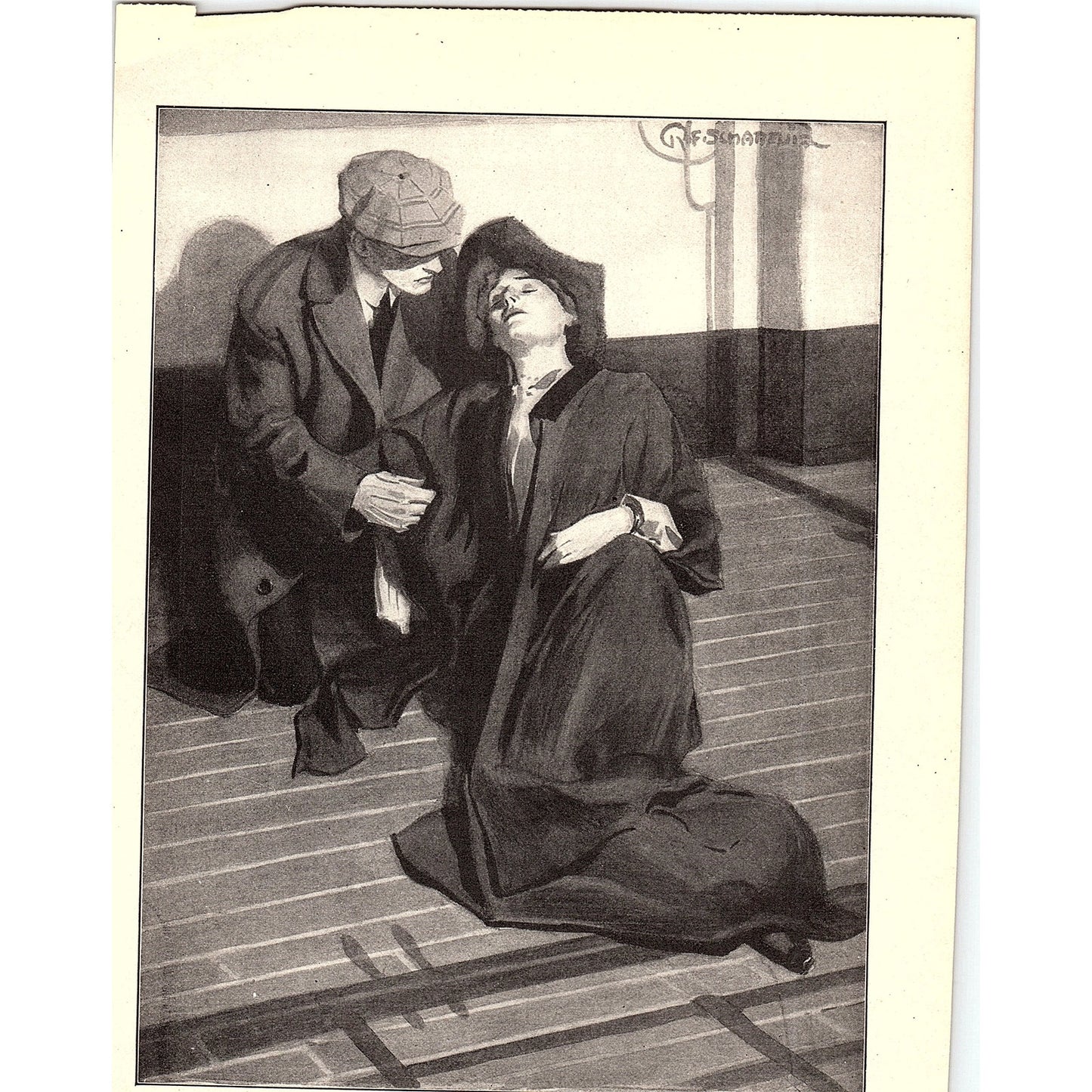 Man with Fainting Lady - R.F. Schabelitz Vintage Art Print 6x9 V12