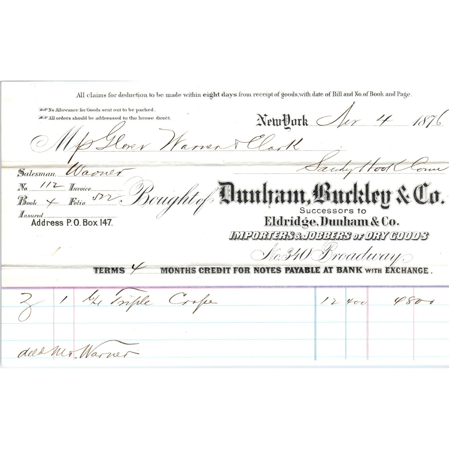 1876 Dunham, Buckley & Co Dry Goods New York Receipt Letterhead D24