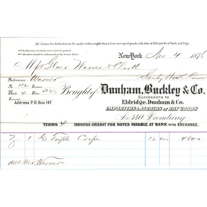 1876 Dunham, Buckley & Co Dry Goods New York Receipt Letterhead D24