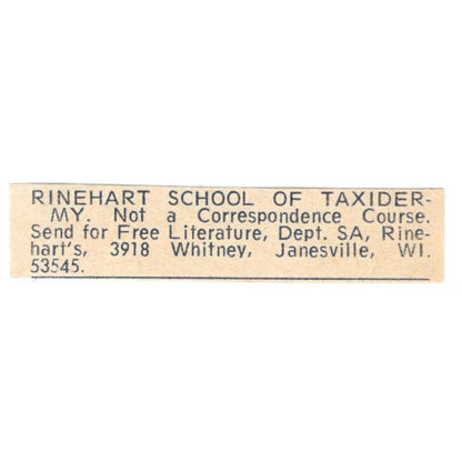 Rinehart School of Taxidermy Janesville WI 1977 Ad AF6-S7