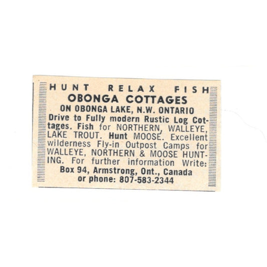 Obonga Lake Cottages Armstrong Ontario CA 1977 Ad AF6-S2
