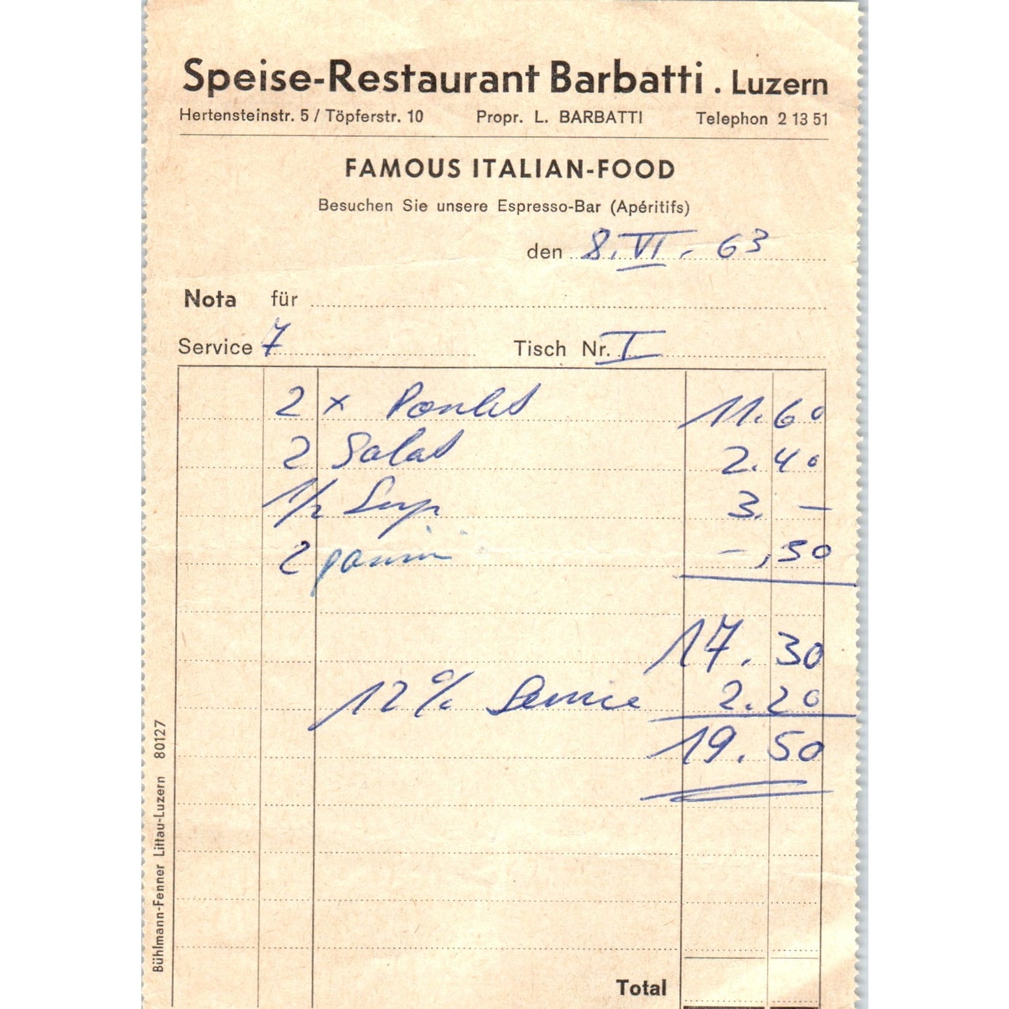 1960s Speise-Restaurant Barbatti Luzern Receipt Italian Food AF7-E9