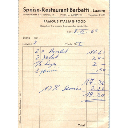 1960s Speise-Restaurant Barbatti Luzern Receipt Italian Food AF7-E9