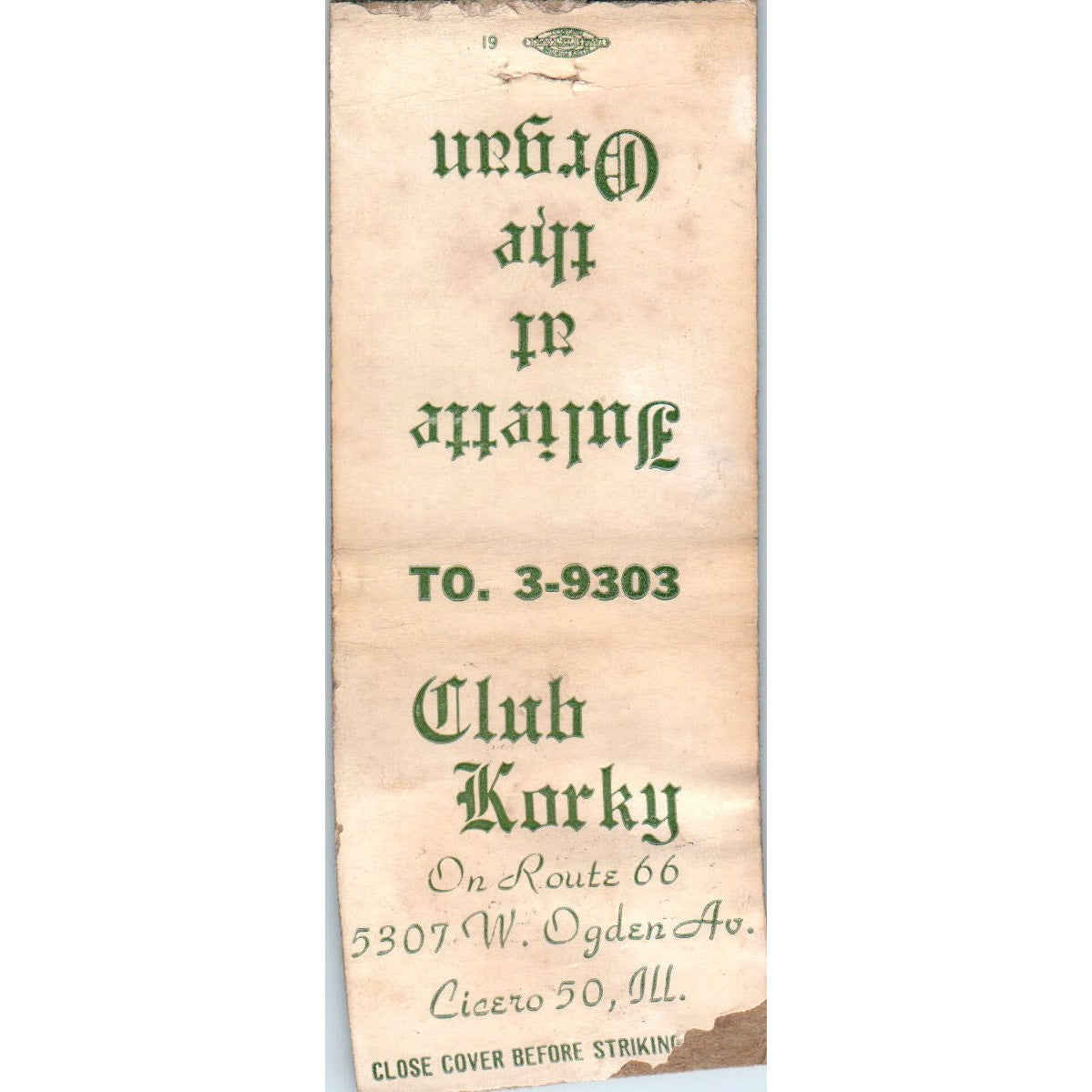 Club Korky Route 66 Cicero 50 IL Vintage Matchbook Cover SD4-Y5