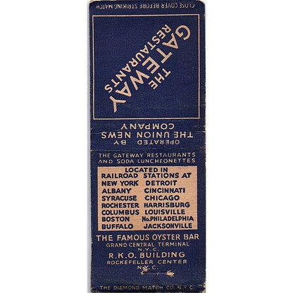 The Gateway Restaurants Union News Company Vintage Matchbook Cover SC7-Y8