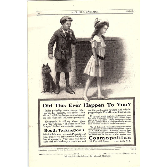 Booth Tarkington Humor Cosmopolitan McClure's Antique Magazine Ad 6.5x9.5 V4
