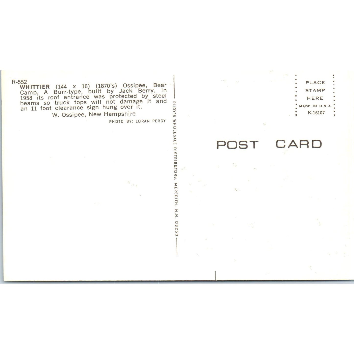 Whittier Ossipee Bear Camp New Hampshire Covered Bridge Postcard PC6