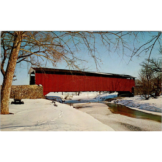 Heart of Dutchland Covered Bridge Snow Scene Vintage Covered Bridge Postcard PD6
