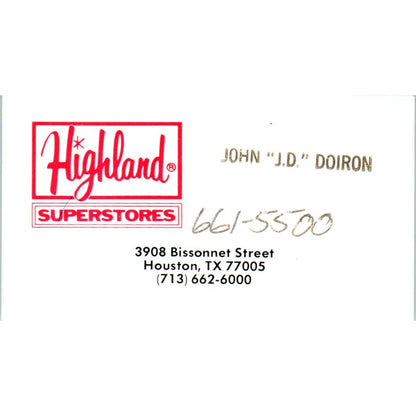 John J.D. Doiron Highland Superstores Houston TX Vintage Business Card SD8-B21
