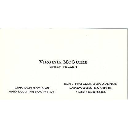 Lincoln Savings And Loan Virgina McGuire Lakewood CA Business Card SB4-B10