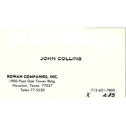 Rowan Company Inc John Collins Houston Texas Vintage Business Card SB4-B9