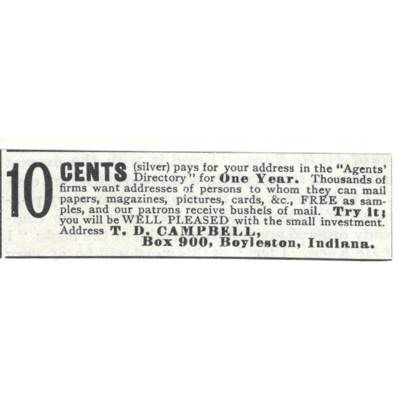 T.D. Campbell Agents Directory Boyleston Indiana 1892 Ad AG2-S25