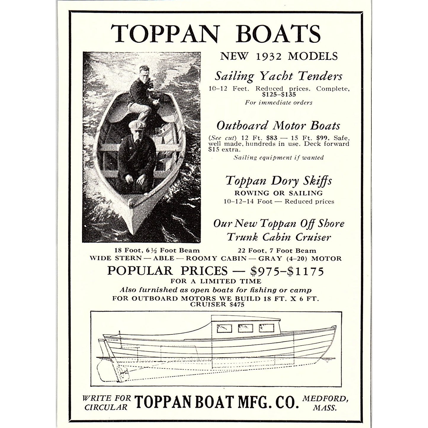 Toppan Boat Mfg Co Sailing Yacht Tenders Medford MA 1932 Ad AG2-M17