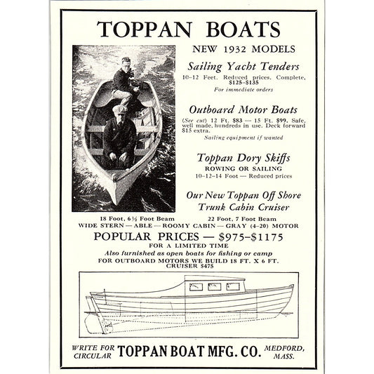 Toppan Boat Mfg Co Sailing Yacht Tenders Medford MA 1932 Ad AG2-M17