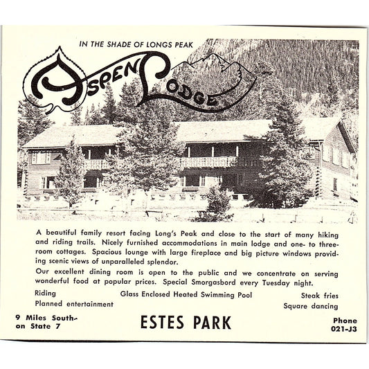 Aspen Lodge in the Shade of Longs Peak Estes Park CO 1958 Ad AG1-H3