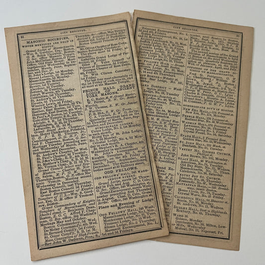 Boston Masonic Societies Listings 2 Pages 1871 Boston Almanac Clipping SAI2-H4