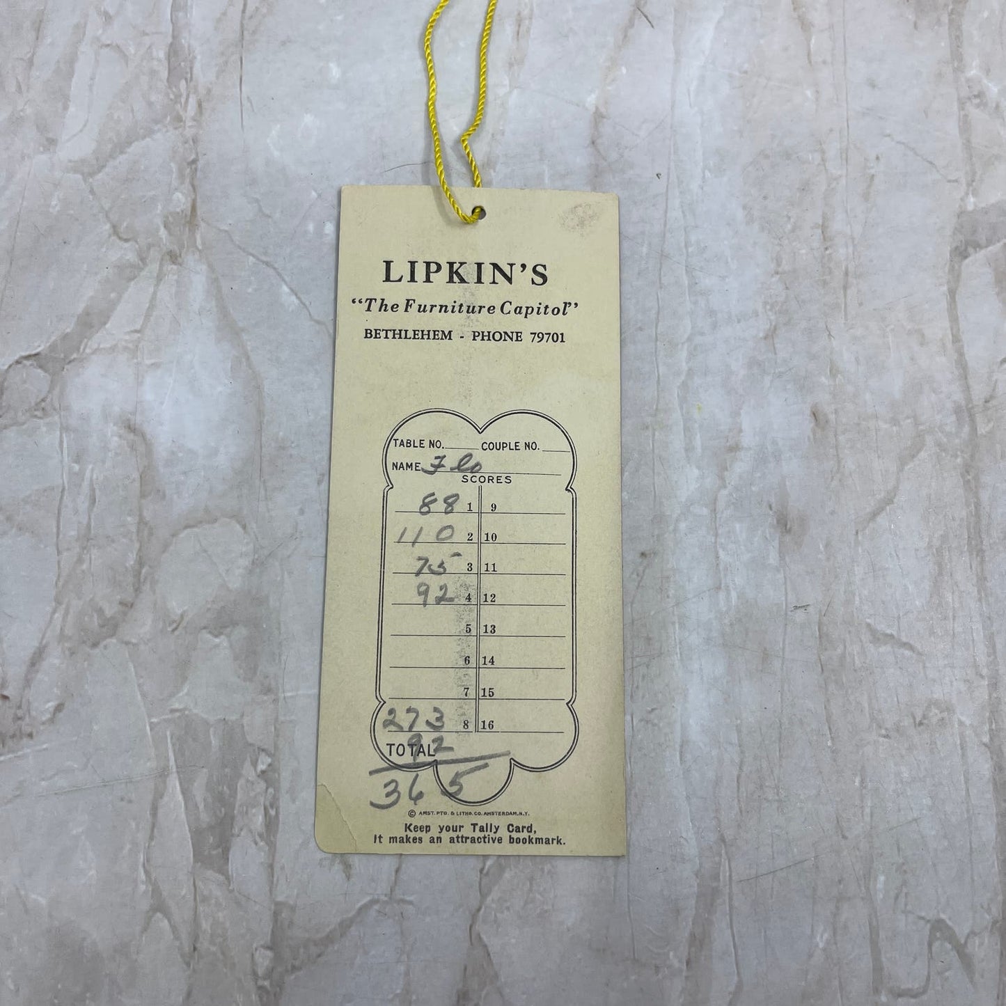 Vintage Bridge Tally Card Lipkin's Furniture Capitol Bethlehem PA Litho EA5