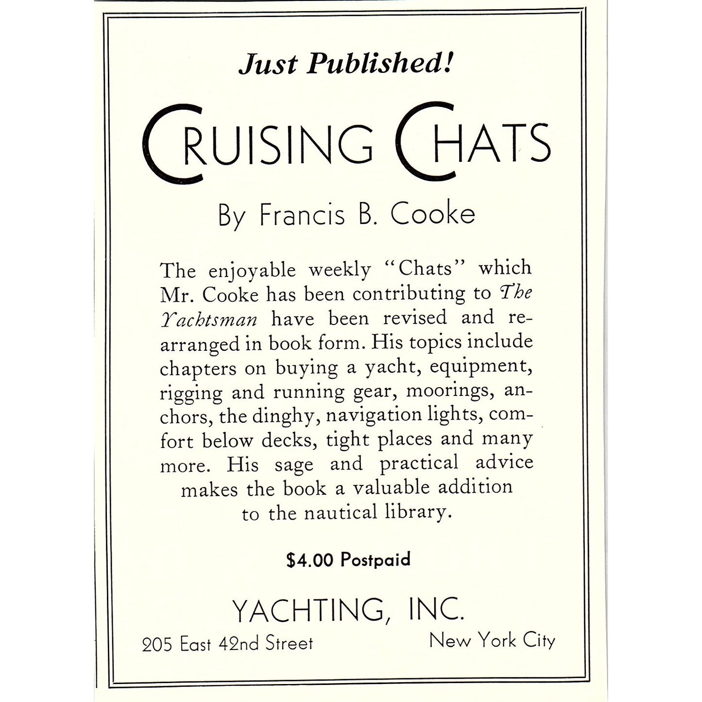 Francis B. Cooke Cruising Chats New York City 1932 Ad AG2-M17