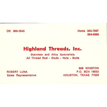 Highland Threads Robert Luna Houston Texas Vintage Business Card SB4-B4