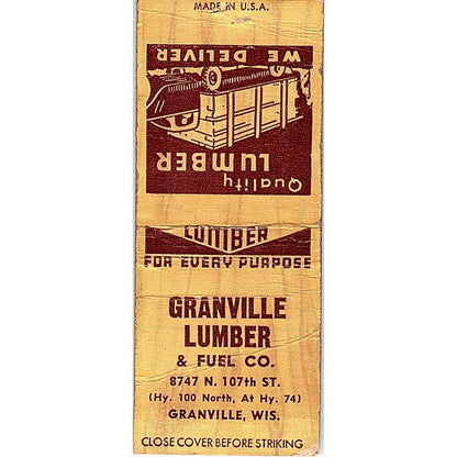 Granville Lumber & Fuel Co Granville WI Vintage Matchbook Cover SF3-Y3