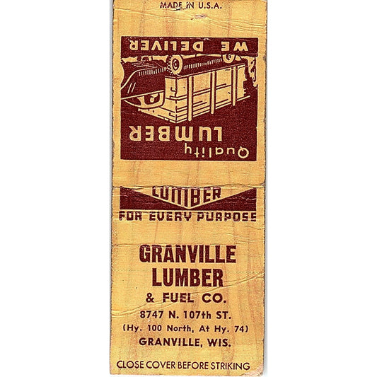 Granville Lumber & Fuel Co Granville WI Vintage Matchbook Cover SF3-Y3