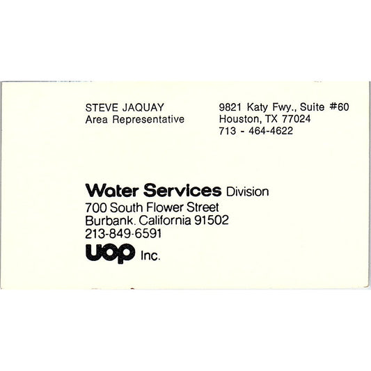 Steve Jaquay UOP Inc Water Services Houston Vintage Business Card SE5-B1