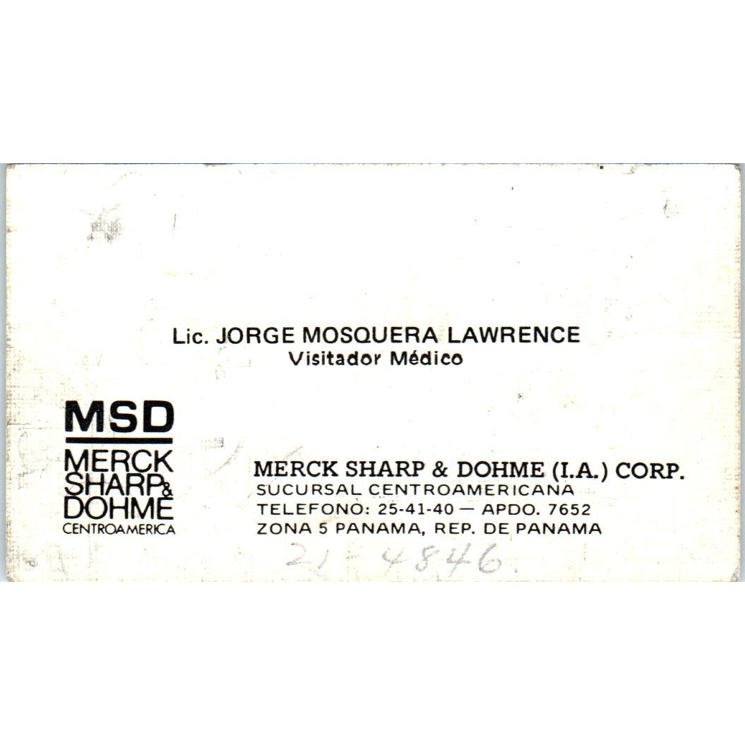 Lic Jorge Mosquera Lawrence MSD Merck Sharp & Dohme Panama Business Card SD8-B17