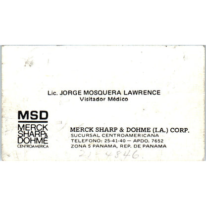 Lic Jorge Mosquera Lawrence MSD Merck Sharp & Dohme Panama Business Card SD8-B17