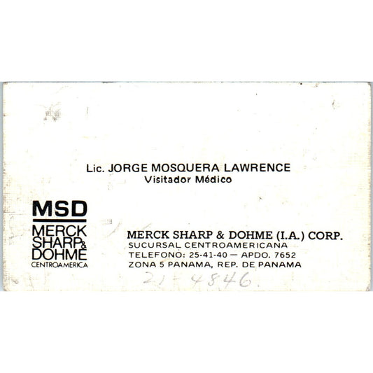 Lic Jorge Mosquera Lawrence MSD Merck Sharp & Dohme Panama Business Card SD8-B17