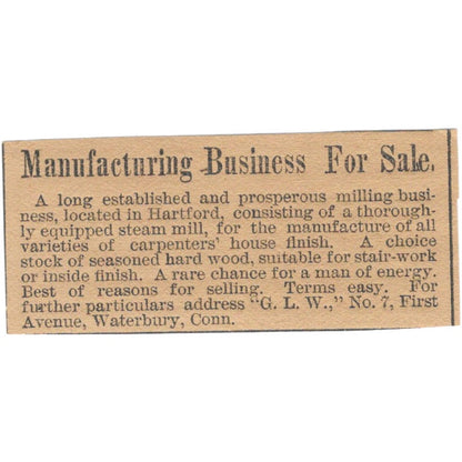 Waterbury Connecticut Manufacturing Business Hartford 1886 Newspaper Ad AF7-SS8