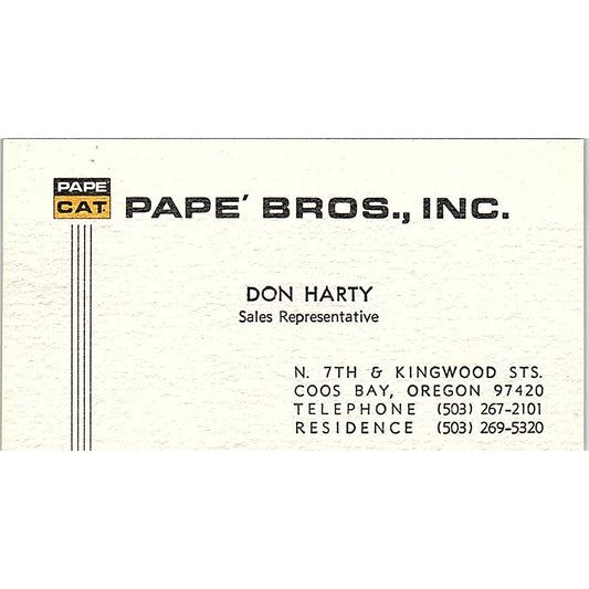 Pape' Bros Inc. Don Harty Coos Bay Oregon Vintage Business Card SB4-B4