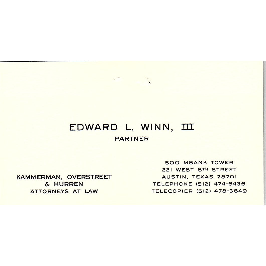 Edward L Winn III Attorney Austin TX Vintage Business Card SE3-B12