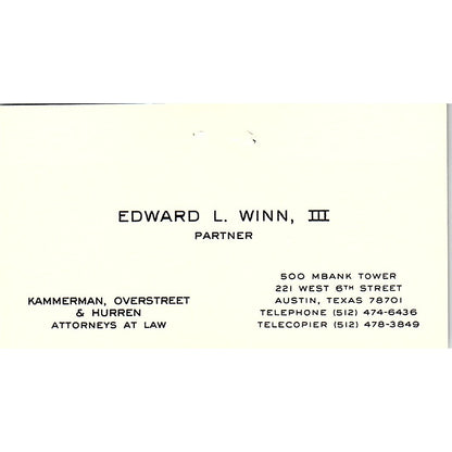 Edward L Winn III Attorney Austin TX Vintage Business Card SE3-B12