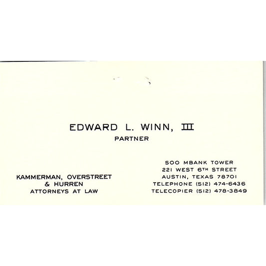 Edward L Winn III Attorney Austin TX Vintage Business Card SE3-B12