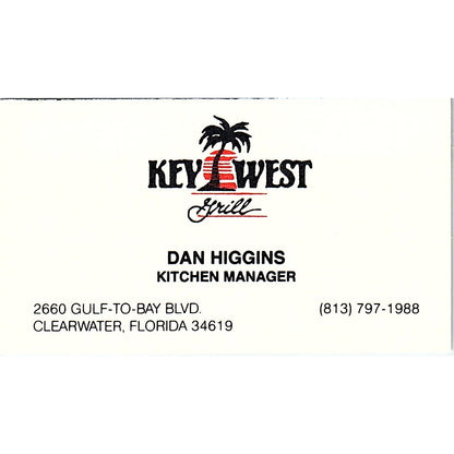 Dan Higgins Key West Grill Clearwater FL Vintage Business Card SD9-B14
