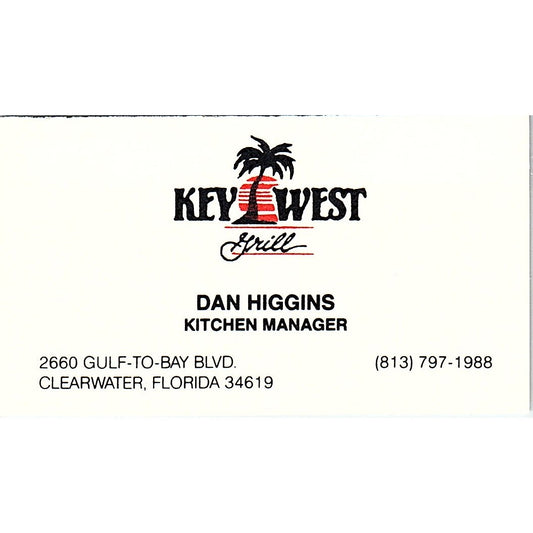 Dan Higgins Key West Grill Clearwater FL Vintage Business Card SD9-B14