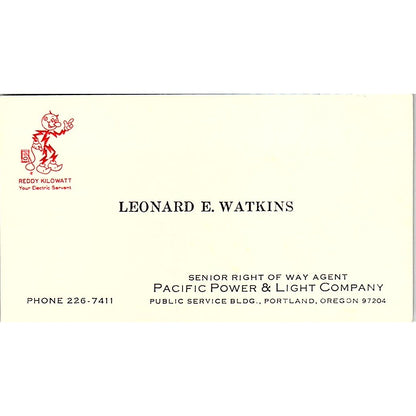 Leonard E Watkins Reddy Kilowatt Portland OR Vintage Business Card SC9-B13