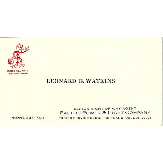 Leonard E Watkins Reddy Kilowatt Portland OR Vintage Business Card SC9-B13