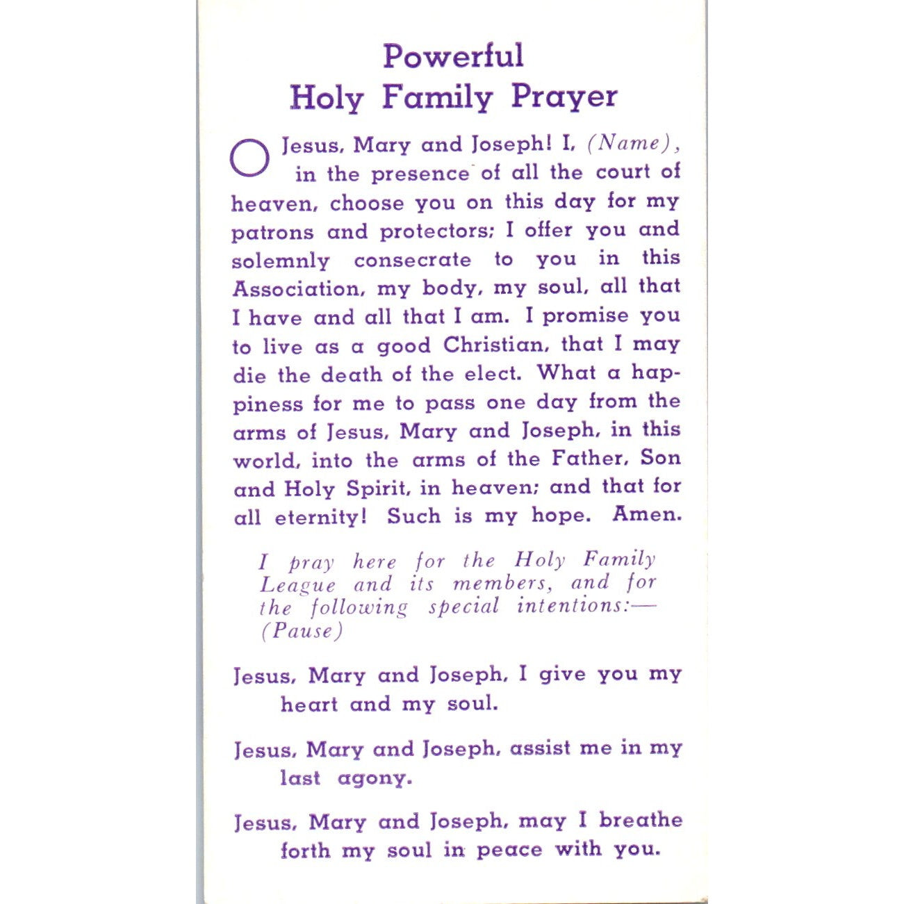 Holy Family Prayer Holy Family League of Charity Holyoke MA Vintage Card TH2-PC1