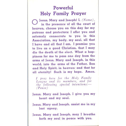 Holy Family Prayer Holy Family League of Charity Holyoke MA Vintage Card TH2-PC1