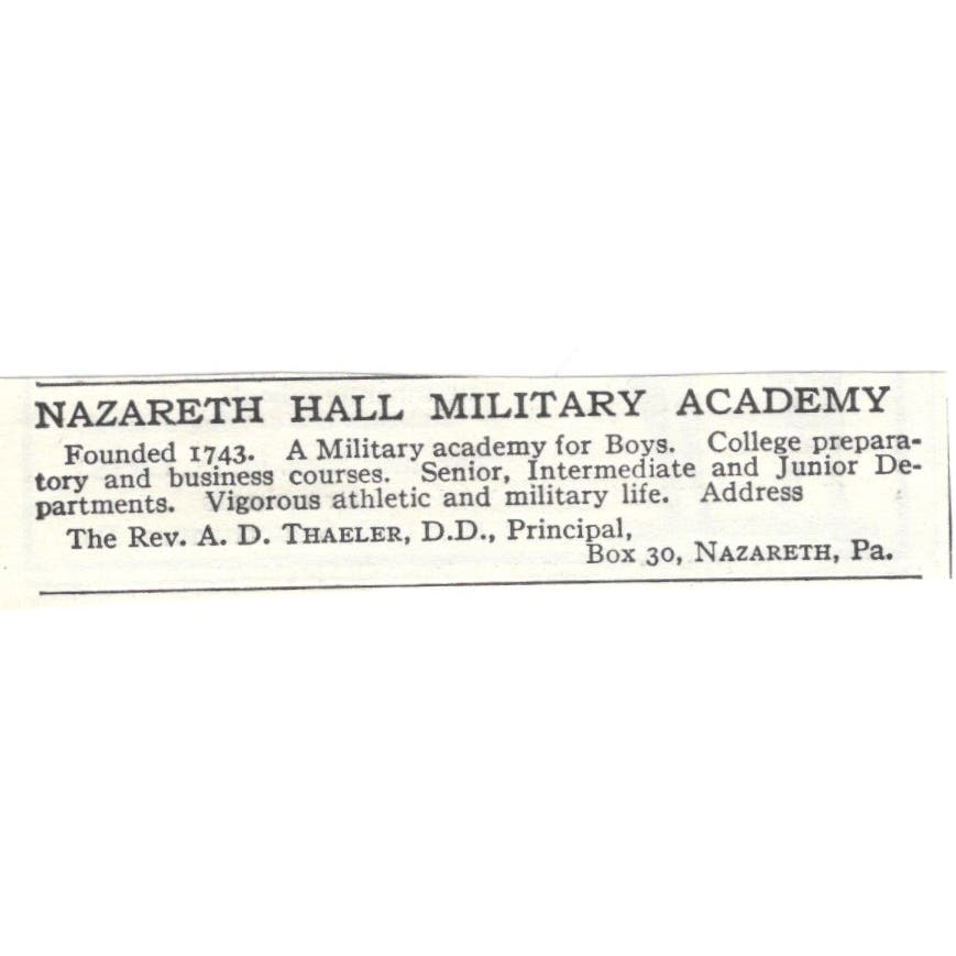 Nazareth Hall Military Academy A.D. Thaeler PA c1918 Advertisement AE5-SA11