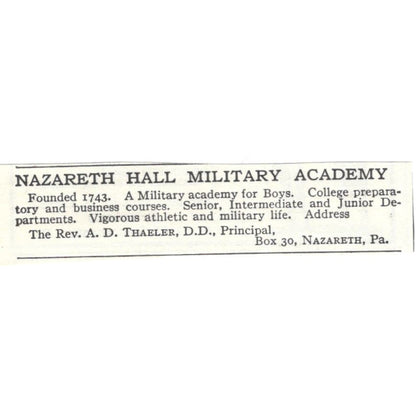Nazareth Hall Military Academy A.D. Thaeler PA c1918 Advertisement AE5-SA11