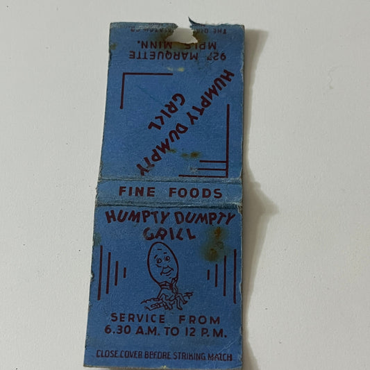 Humpty Dumpty Grill 927 Marquette Minneapolis MN Vintage Matchbook TB6-MB2-11